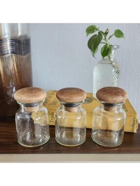 Vintage 1970s Glass Canisters Teakwood Mushroom Top Lids Apothecary Lot of 3 MCM